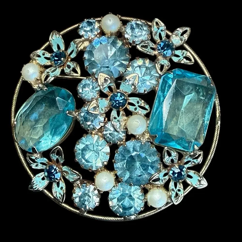 Vintage Weiss Blue Glass Rhinestone Forget Me Not Enamel Floral Brooch